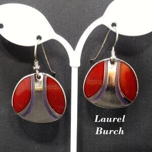 Vintage Laurel Burch Red Metallic Purple Silver Earrings, Rhodium Plated